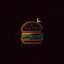 Neon Burger Logo On Black Background, Glowing Sign Restaurant Icon Design, Generative Ai, Concept Fast Food Business 