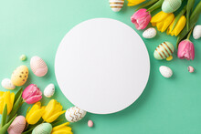 Easter Concept. Top View Photo Of White Circle Colorful Easter Eggs And Bunches Of Yellow And Pink Tulips On Isolated Teal Background With Copyspace