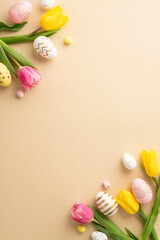 Wall Mural - Easter decorations concept. Top view vertical photo of colorful easter eggs yellow and pink tulips on isolated pastel beige background with blank space