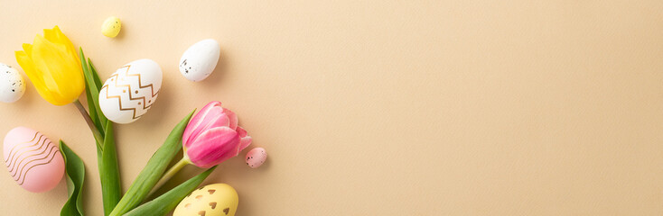 Wall Mural - Easter celebration concept. Top view vertical photo of colorful easter eggs and tulips on isolated pastel beige background with copyspace