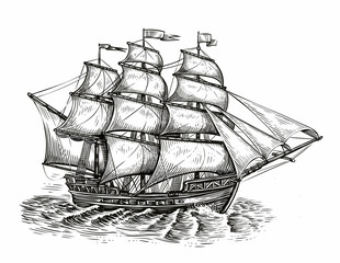 Wall Mural - Sailing ship sketch. Marine concept. Vintage sailboat drawn in vintage engraving style