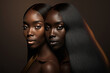 © SERHII - Two beauty black skin women African ethnic female faces. Two young african american models with long dark hair on brown background, ai generative