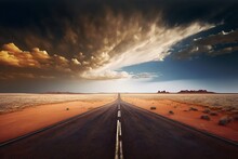 An Vacant Highway Straight To The Desert Horizon Under An Afternoon Sky With Clouds Created By Generative AI Technology