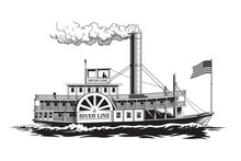Paddle Steamer, Wheel Passenger Steamboat, Riverboat Or Retro Paddlewheel Ship Isolated On White Background, Engraving Style Black And White Vector Illustration