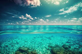 Fototapeta Do akwarium - Tranquil relaxing blue sunny sky ocean lagoon. Dream nature beautiful seascape , art illustration 