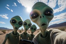 Green Aliens With Big Eyes Taking A Selfie Outside Area 51 Created By Generative AI Technology