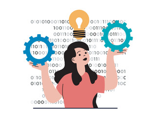 programming software concept with character situation. woman working with program code, fixing bugs 