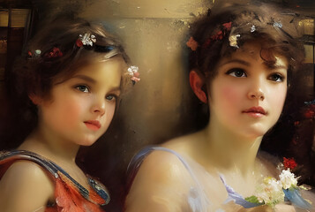 Painterly illustration of two young ladies; vintage romanticism style