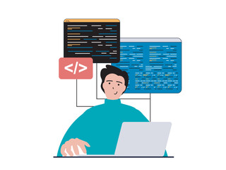 Leinwandbilder - Programming software concept with character situation. Man working with program code at laptop, testing scripts and engineering process. Vector illustration with people scene in flat design for web