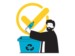 Fototapete - Save Earth concept with character situation. Man collects and separates garbage and throws plastic bottle into container for recycling. Vector illustration with people scene in flat design for web