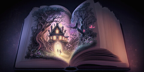 generative ai illustration, a magic fairy tale book with a lit house in a forest