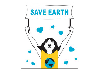Poster - Save Earth concept with character situation. Woman eco activist holding banner with call to save planet at environmental demonstration. Vector illustration with people scene in flat design for web