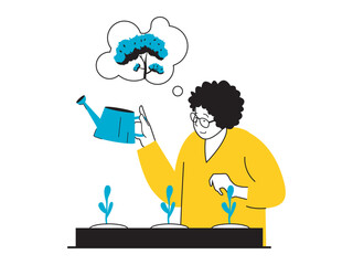 Fototapete - Save Earth concept with character situation. Woman eco volunteer grows young seedling of trees for planting in parks, nature conservation. Vector illustration with people scene in flat design for web