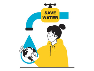 Poster - Save Earth concept with character situation. Woman saves water resources at home and takes care of planet, preserves nature and ecology. Vector illustration with people scene in flat design for web