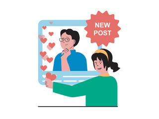 Aufkleber - Social network concept with character situation. Woman puts like and heart on new post with photo of blogger or friend, comments in blog. Vector illustration with people scene in flat design for web
