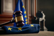 Court of Justice of European Union, EU. European flag in courtroom. Judicial Authority of European Union. Mallet of judge in courthouse. European Court of Human Rights. Justice, Judiciary, Judge.