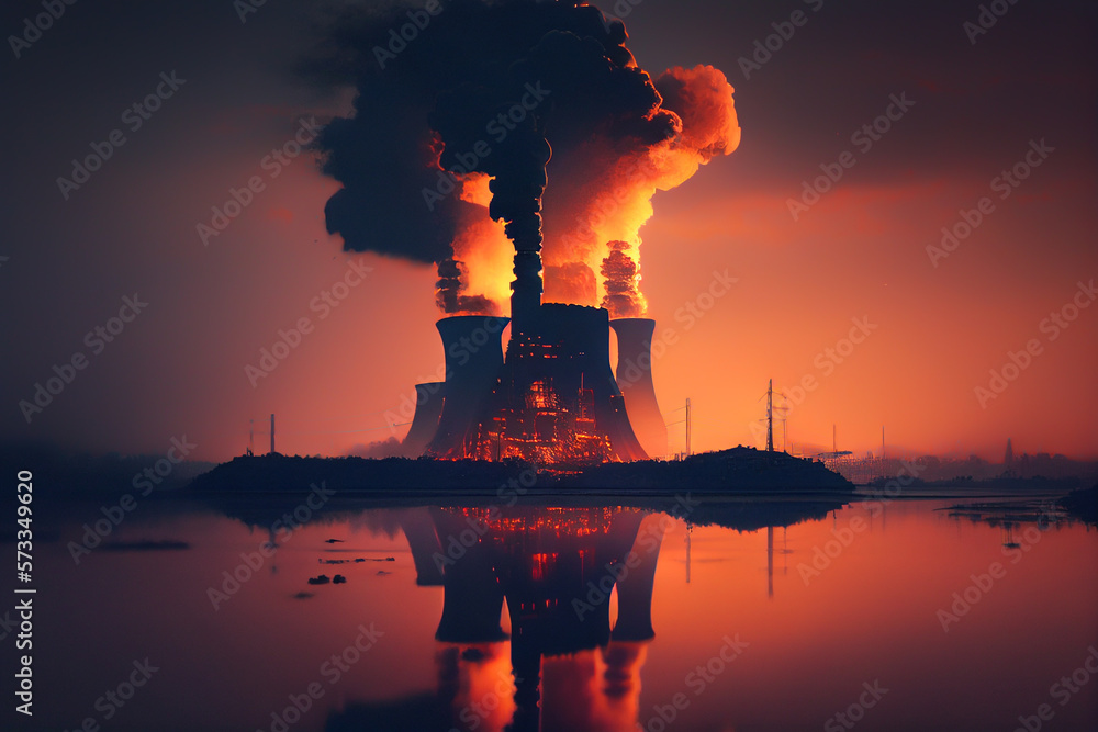 Nuclear power plant at sunset Generate electricity. Dusk, Nuclear