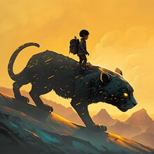  A Child Riding On The Back Of A Panther Runs