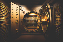 Bank Vault With Open Door. Store Gold Bar, Inside In Gold Vault Money. Dollar And Euro Vault. Inside In Bank Vault Money. Federal Reserve Bank Storage  With Golden Walls And Gold Stacks. Ai Generative