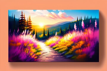 oil painting brush stroke, path to forest, bokeh hills in background, soft sky with sun, flowers beside path - generative ai