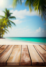 Empty Wooden Table Top Product Display Showcase Stage With Tropical Summer Beach Background. Generative Ai
