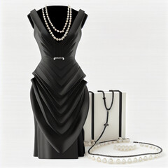 Wall Mural - Little black elegant fashionable dress and white pearl necklace isolated on white close-up