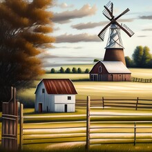 Oil Painting Smooth Brush Strokes With Refined, Details, Large Double Cross Buck Door At Front, Steel Water Pumping Windmill Behind Barn To The Lef - Generative Ai