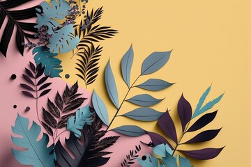 Wall Mural - Tropical leaves background. Vivid bright color shaded palm leaves in purple,yellow, black and blue colors. Modern style trendy jungle florals for summer party