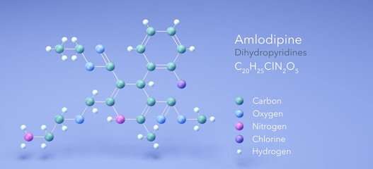 Wall Mural - amlodipine molecule, molecular structures, dihydropyridines, 3d model, Structural Chemical Formula and Atoms with Color Coding