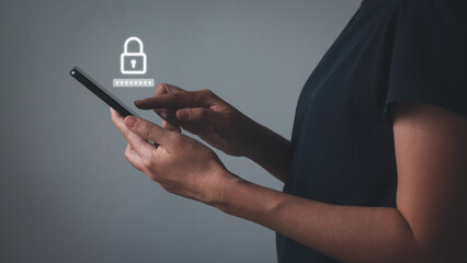 businesswoman using the smart mobile phone to access on smartphone for validate password for biometric two steps authentication to unlock security, Business Technology security Concept