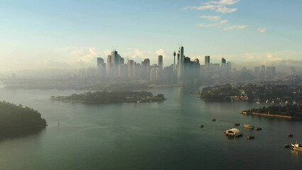 Poster - Hunters hill suburb in Sydney on Parramatta river – aerial flying towards CBD.
