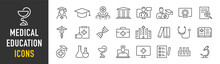 Medical Education Web Icon Set In Line Style. Medicine, College, Student, Learning, Book, Collection. Vector Illustration.