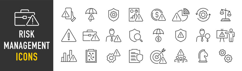 risk management web icon set in line style. risk analysis, risk investment, minimizing losses, plan,