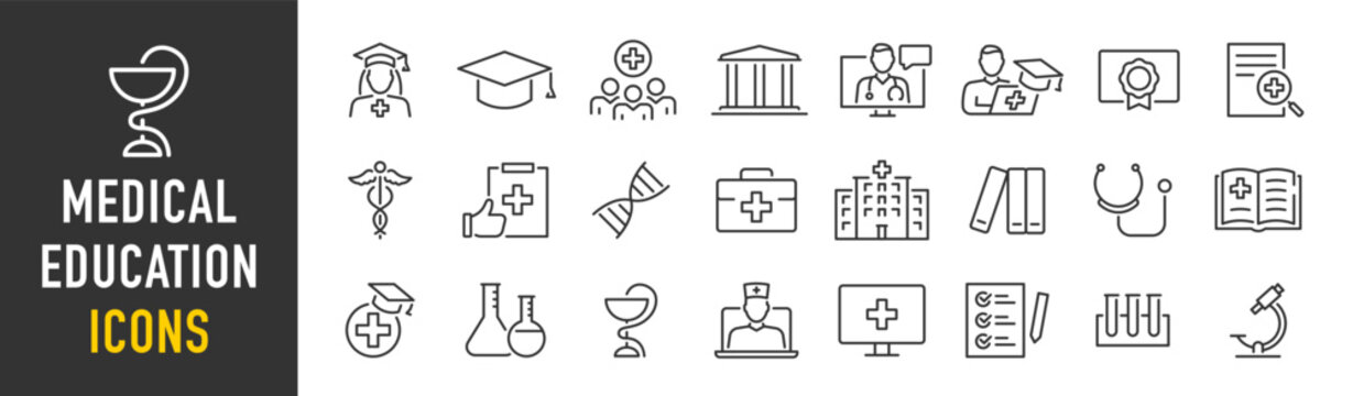 medical education web icon set in line style. medicine, college, student, learning, book, collection