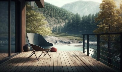 Sticker -  a chair sitting on a wooden deck next to a body of water.  generative ai