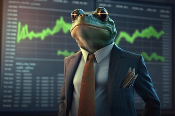 frog in a suit showing stock charts made by generative ai