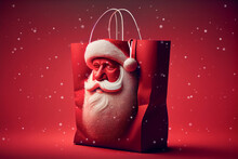 Christmas Gift Bag. Red Color Bag With Santa Claus Picture, Falling Snow On Red Christmas Background. Christmas Shopping And Discounts, Concept. Generative AI