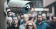 An advanced security camera provides constant surveillance over people in a city street. Generative AI illustration