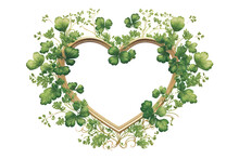 Heart Frame Intertwined With Shamrock For St. Patricks Day, Luck, And Spring. Digital Painting Over Generative AI.