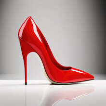 Close Up Of Red High Heels Classic Woman Footwear. Red High Heel Women Shoes Isolated On White Background. 3d Render Illustration. Generative AI Art.