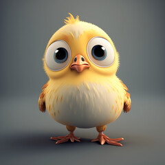 Sticker - Cute yellow bird cartoon character. Realistic chicken kid with big eyes, 3d render illustration. A Pretty bird isolated on flat background. Generative AI art.