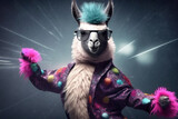 Fototapeta  - Llama in a disco-styled outfit showcasing its moves, concept of Dancing and Costumes, created with Generative AI technology