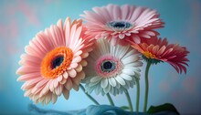 Gerbera Bouquet Of Flowers Colorful Blurred Background With Copy Space For Text. Valentine's Day And Mother's Day, Women's Day Background. Holiday Mockup With Gerber Flowers. Soft Focus. Generative Ai