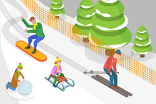 3D Isometric Flat Vector Conceptual Illustration Of Ski Resort, Mountain Ski, Downhill Track