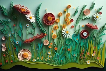 Flower meadow in paper quilling style, concept of Papercraft and Quilling Art, created with Generative AI technology