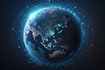 Wall Mural - abstract stock market one graph on dark blue background. planet earth in the background. futuristic 