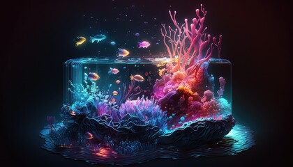 Illustration of underwater aquarium on dark background bioluminescent scenario underwater in 3D, generative ai