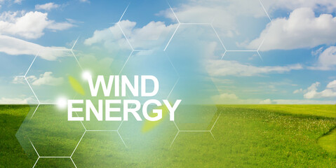  Clean plants on field and bright sunlight to the good ecological future by wind energy. Windmill energy for business growth and clean environment.