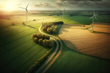 Sun Is Setting Over The Country Side Three Large Wind Turbines On The Fields Generative AI.