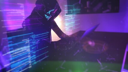 hacker wearing a glowing mask sitting in a dark room and coding on his laptop
